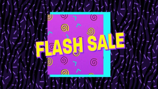 Animation of flash sale text over shapes on black background