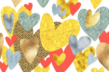 Abstract wallpaper illustration with hearts of different colors, shapes and size. Golden, metallic, silver, bronze, red, yellow and leopard print. Romantic Valentine’s Day greeting card. 