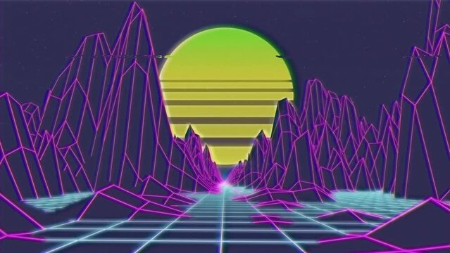 Animation of interference over digital mountains and sun on black background