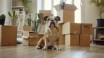 pet moving into their new home, with their loyal bulldog sitting amidst cardboard boxes filled with household items, all bathed in soft, light colors.