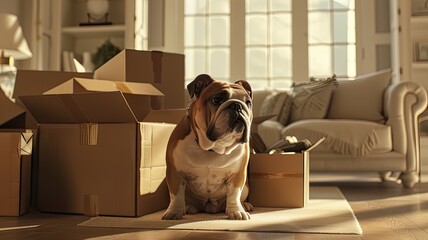 pet moving into their new home, with their loyal bulldog sitting amidst cardboard boxes filled with household items, all bathed in soft, light colors.