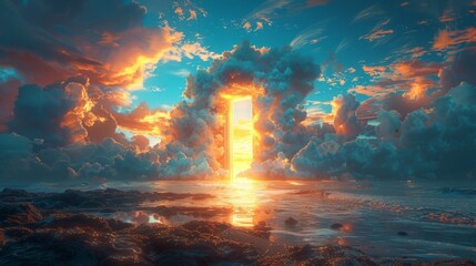 Immerse yourself in the fantastical portrayal of nature's unrestrained beauty through an illustrated artwork. A conceptual painting showcasing expansive skies, tranquil beaches, and infinite doorways - obrazy, fototapety, plakaty