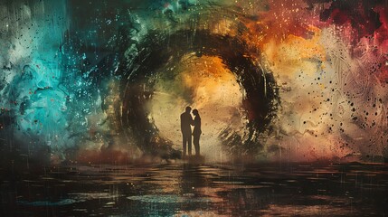Silhouette of a romantic couple kissing under a vibrant, abstractly painted rain, creating a backdrop of an arched rainbow.