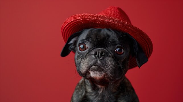 Cute Black Pug Puppy in Red Hat: Portrait with Vibrant Red Studio Backdrop