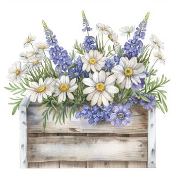 A painting of blue and white flowers arranged in a wooden box, showcasing a delicate and vibrant floral arrangement