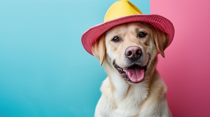 Labrador Retriever Portrait in Pink and Yellow Hat, Blue and Pink Backdrop, Space For Text 