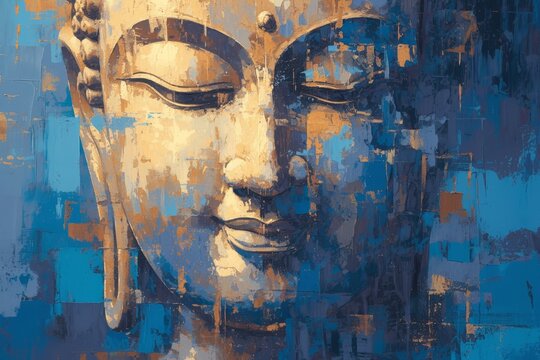 abstract oil painting of buddha face, brown and blue color palette