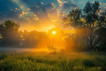 Fototapeta premium Majestic Sunrise over Tranquil Meadow
