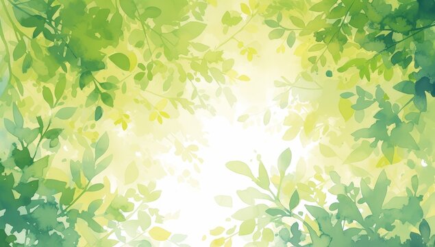 Abstract spring background with green and yellow watercolor blurred foliage. Spring nature banner, blurred spring forest background. 