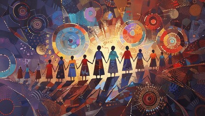 array of human figures standing side by side holding hands and forming patterns with their bodies, set against an abstract background that evokes unity and connection.