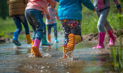 Joyful Children Splashing in Rain Puddles with Colorful Boots