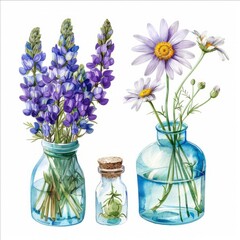 A watercolor painting depicting three vases filled with various colorful flowers against a neutral background