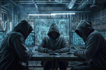 Hackers wear masks and hooded jackets, covering their faces. They are working on computers in a dark room.