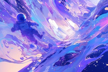 An astronaut floating in space, surrounded by colorful liquid waves and bubbles, creating an abstract cosmic scene with purple hues in the style of digital art