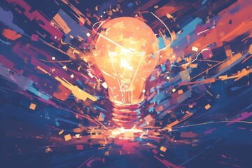 An exploding light bulb with colorful sparks and smoke against a dark background, symbolizing creative energy in digital marketing.  - obrazy, fototapety, plakaty