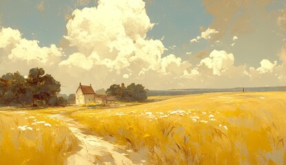 An impressionist painting of an old farmhouse in the distance, surrounded yellow grass and white flowers