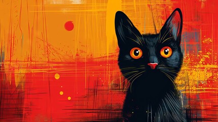 Black cat with bright yellow eyes in clipart style background canvas texture.
Concept: superstitions related to luck, themed cards, printed products and web graphics