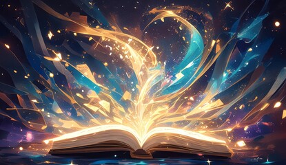 An open book with colorful pages and magical dust flying out from it, representing the magic in reading books. - obrazy, fototapety, plakaty