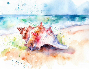 Obraz na płótnie Canvas A colorful conch shell on the beach, in a colorful watercolor style. Generative AI 