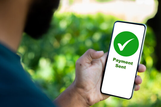 Online Payment sent concept with green right tick, payment gateway UPI money transfer online through smartphone, Net banking online NEFT IMPS payment transfer smartphone bank app