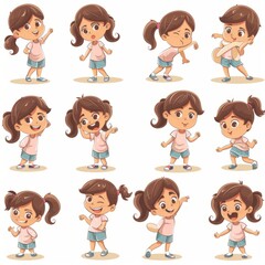 Character illustration of a young girl in different poses on a white background