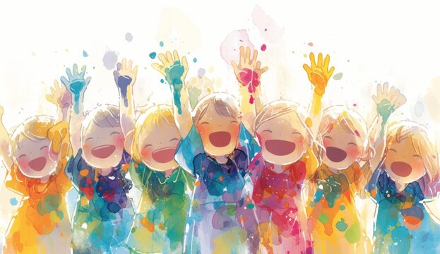 A watercolor illustration of happy laughing children with multicolored paint on their hands, standing in front and raising them up to the sky