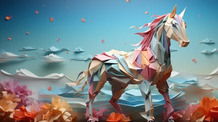 low poly origami of horse