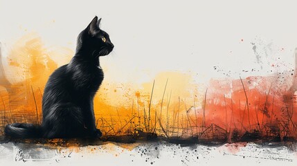 Black cat with bright yellow eyes in clipart style background canvas texture.
Concept: superstitions related to luck, themed cards, printed products and web graphics - obrazy, fototapety, plakaty