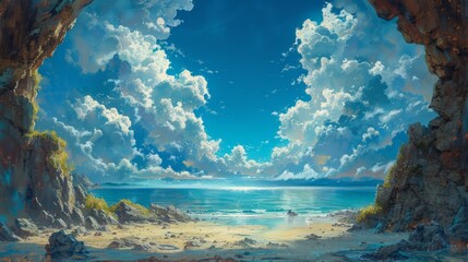 Delve into the surreal depiction of nature's boundless freedom in an illustrated artwork. A conceptual painting revealing expansive skies, peaceful beachfronts, and endless passages - obrazy, fototapety, plakaty