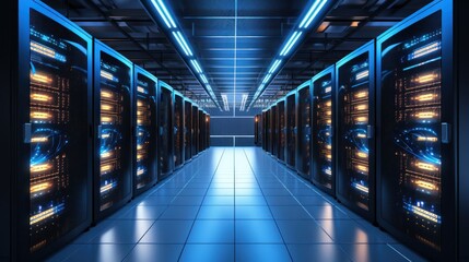 Fototapeta premium Depict a state of the art data center with rows of server racks, cooling systems, and redundant power supplies