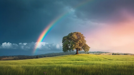 landscape with green grass field and lone tree amazing rainbow