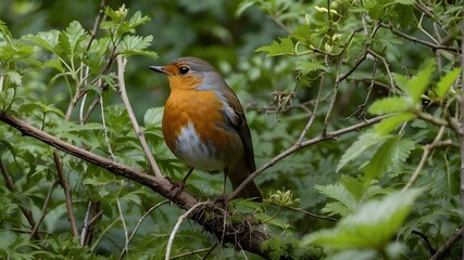 A robin with a beak full of twigs, building its nest amidst lush green foliage.