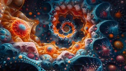 Intricate fractals and geometric shapes blend in an abstract illustration filled with kaleidoscopic circles and detailed textures, crafting a hypnotic digital wallpaper backdrop - obrazy, fototapety, plakaty