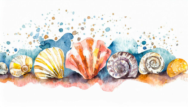 A row of sea shells, in a colorful watercolor style. Generative AI
