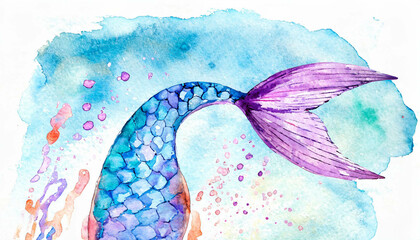 A mermaid tail, in a colorful watercolor style. Generative AI
 - obrazy, fototapety, plakaty