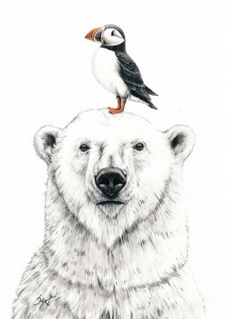 Polar bear with a Puffin bird on its head , white background