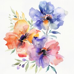 A vibrant watercolor painting featuring an array of colorful flowers against a crisp white background