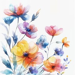 A vibrant painting featuring an array of colorful flowers set against a clean white backdrop