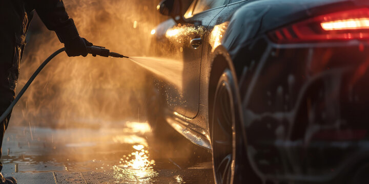 Pressure washing a sports car. Evening light and water against the light. 