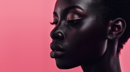 Side-On Portrait of African Model with Makeup: Pink Studio Background, Space for Text, Advert and Beauty Education Resource