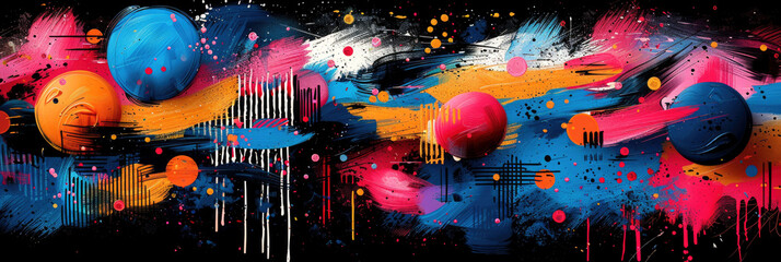 Abstract banner background of the maximalist design trend of the year in bright colors on a dark background. Strokes of paint. - obrazy, fototapety, plakaty