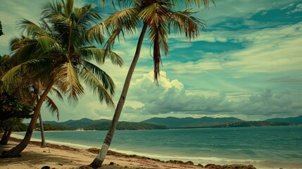 Caribbean tropical coast landscape, beach seascape paradise with palm trees - obrazy, fototapety, plakaty
