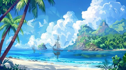 Caribbean tropical coast landscape, beach seascape paradise with palm trees - obrazy, fototapety, plakaty