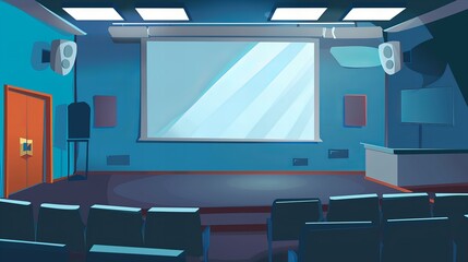 empty conference hall illustration; projector screen with speakers