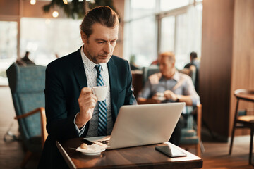 Mature businessman using a laptop at an indoor cafe while having a cup of coffee