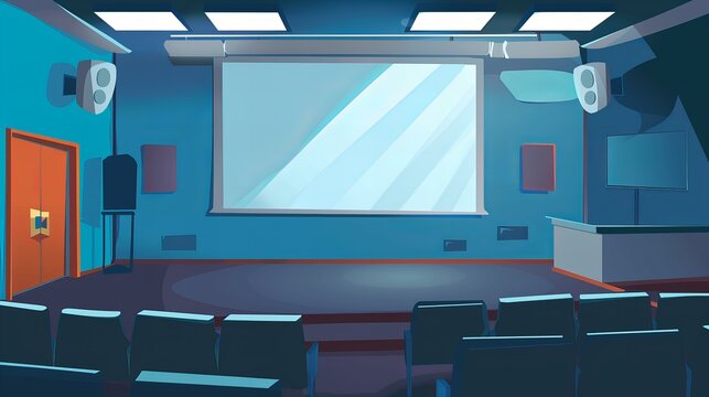 empty conference hall illustration; projector screen with speakers