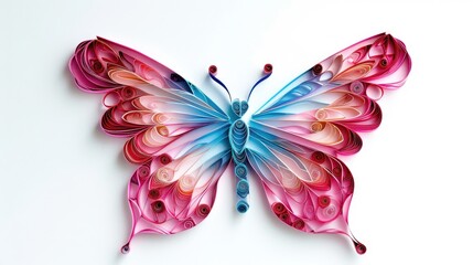 beautiful detailed bright pink and blue butterfly , made in quilling style, white background 