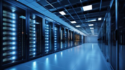 Fototapeta premium Depict a state of the art data center with rows of server racks, cooling systems, and redundant power supplies
