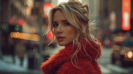 Urban Fashion Portrait: Blonde Woman Posing in Red Fur Jacket, Street Style Chic