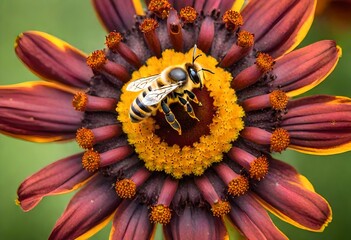 Close-up encounter with a bee as it explores the intricate center of a helenium bloom  - obrazy, fototapety, plakaty